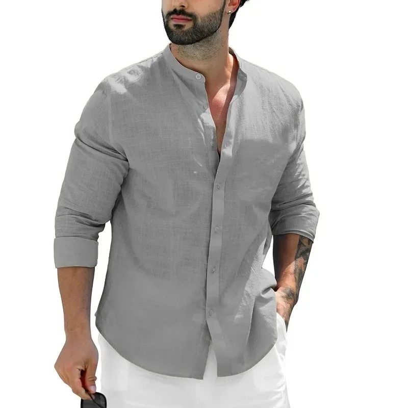 Men\'s Long Sleeve Linen Solid Color Shirt Button-up Shirts Trend Loose Stand Collar Casual Cotton Tops Hawaiian Shirt