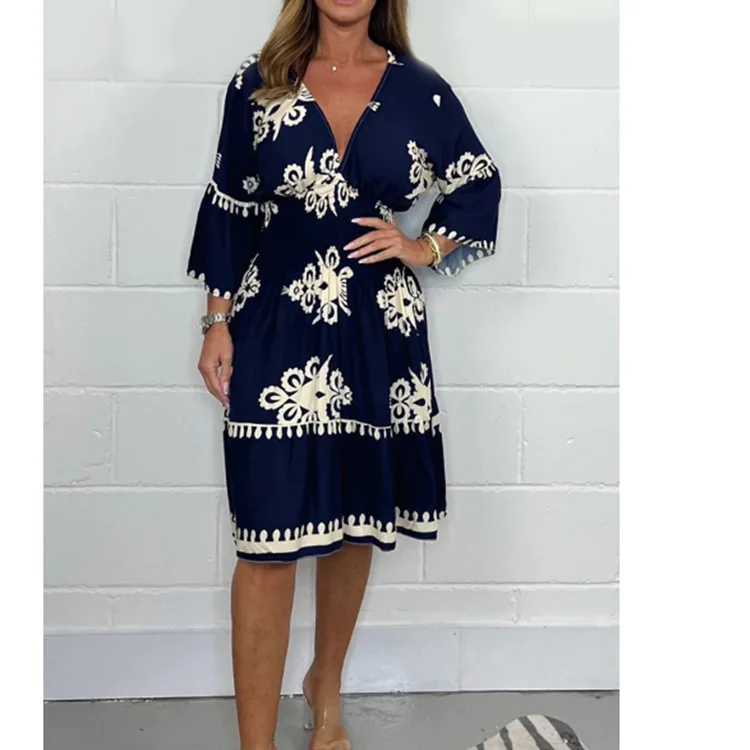 

Elegant Women's Summer Fashion Printed Seven Quarter Sleeve Waist Cinching Slimming Comfortable Women's Dress