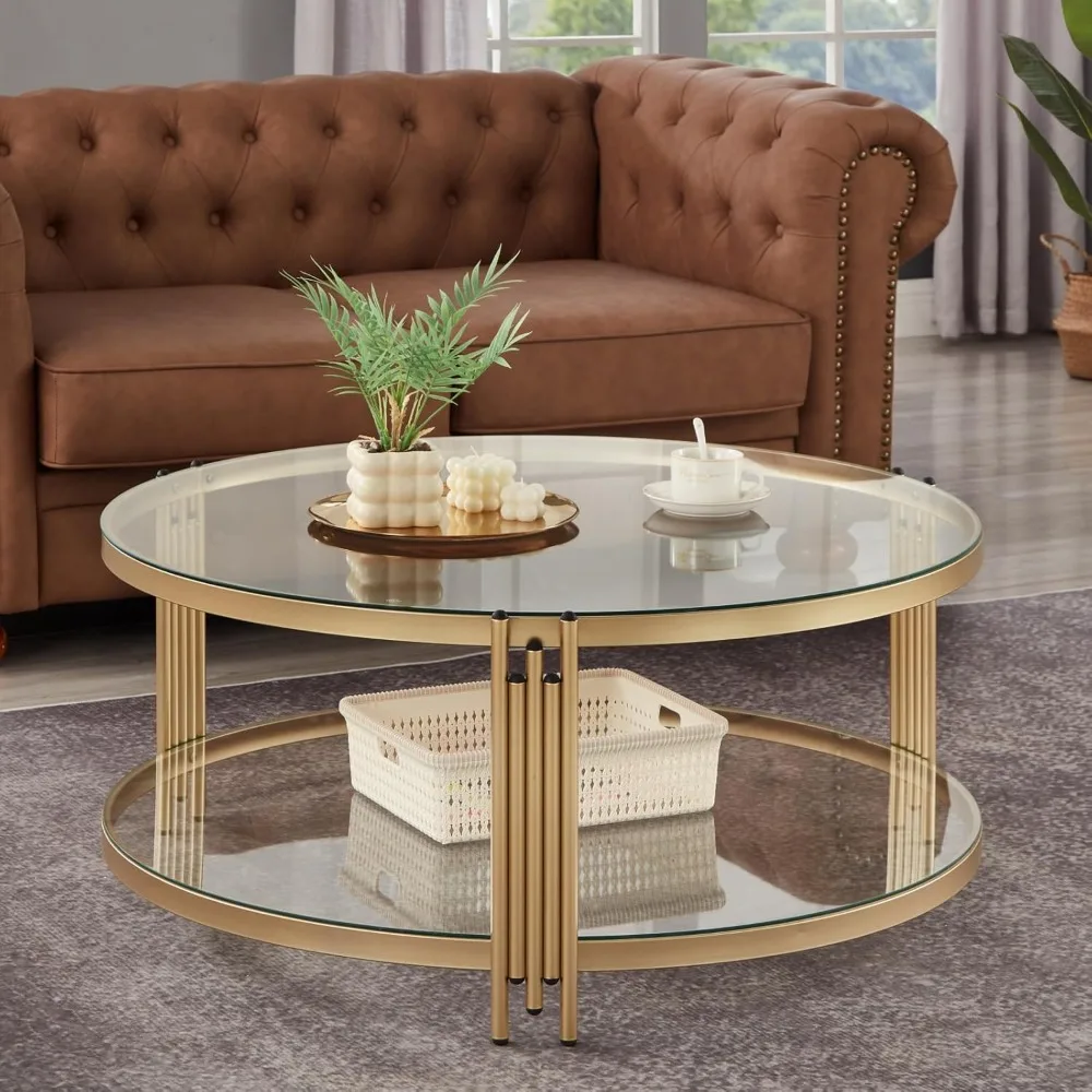 

Gold Glass Coffee Table for Living Room, 36 Round Glass Coffee Table with Metal Frame, 2 Tier Circle Coffee Table for Home
