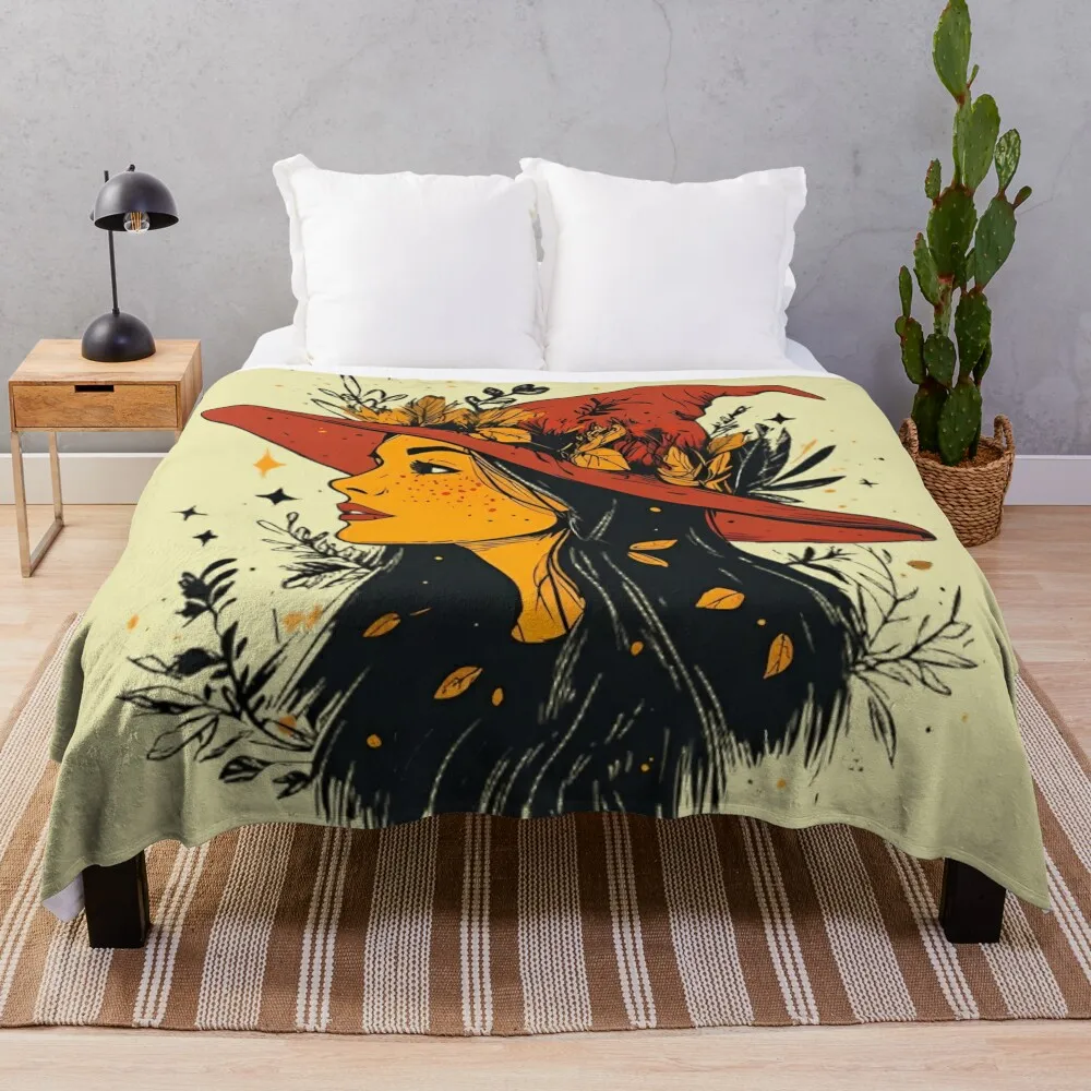 A girl, witch wearing an orange pointed hat decorated with leaves, autumn mood, spooky season t-shirt Throw Blanket