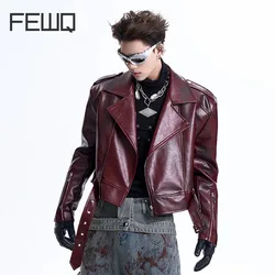 FEWQ Fuctional Design Men's Jackets Pu Leather Zippers Patchwork Belt Turn-down Collar Male Short Coats Autumn Trendy 24E2276