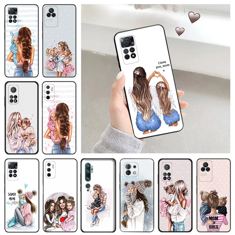 Soft Case for Redmi Note 11S 10S A3 10C 10A Xiaomi 14 11T Pro 10T 10 11Lite Brown Hair Baby Mom Girl Son Black Phone Cases Cover