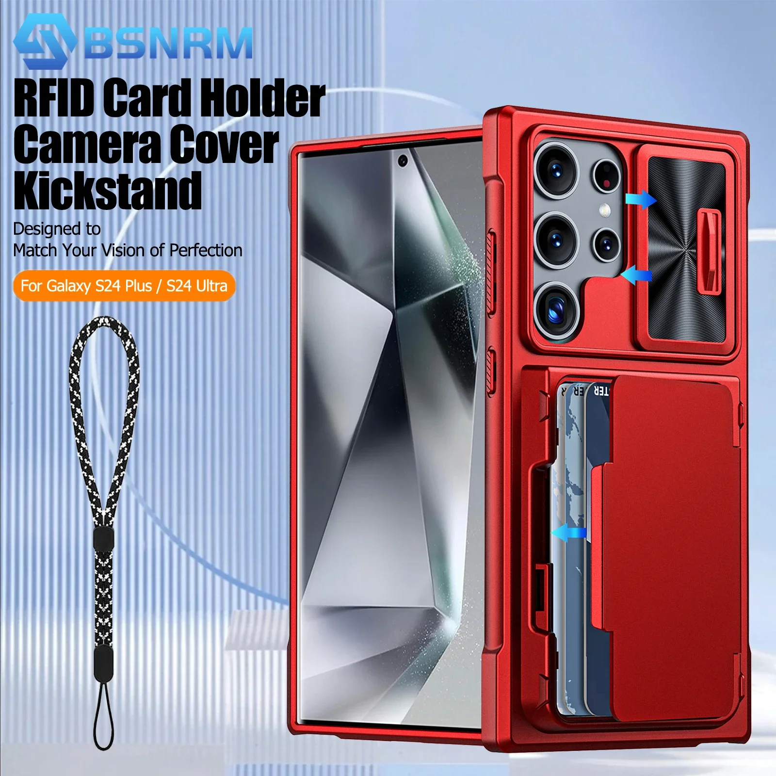 voor Samsung Galaxy S24 Ultra telefoonhoesje Glijdende camerahouder Kaarthouder Volledige dekking TPU schokbestendig telefoonhoesje-rood