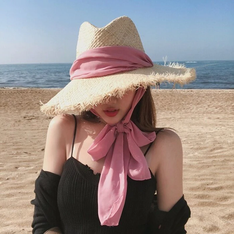 Brand popular comfortable long ribbon raffia beach hast for women outdoor Holiday hats summer straw hat wholesale dropshipping