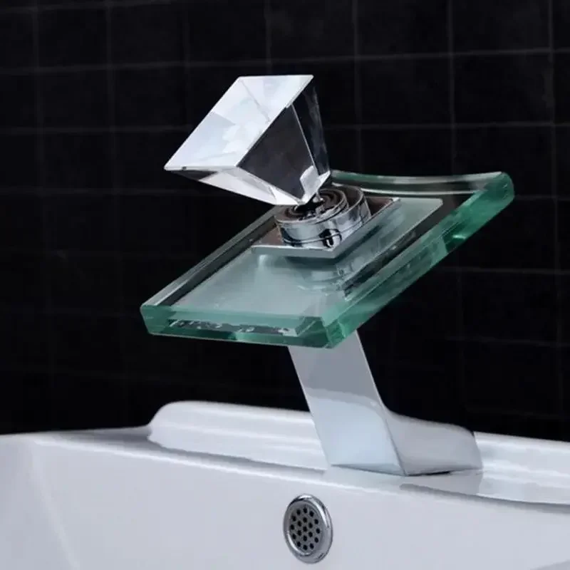 Hot and cold water copper crystal Glass Waterfall Basin Faucet LED Color Changing Bathroom Battery Mixer Tap Chrome Finish