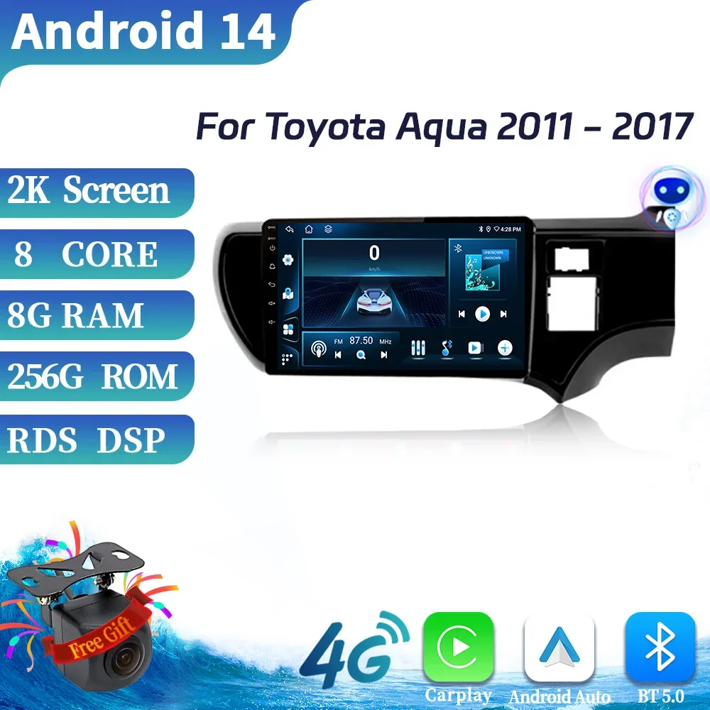 Radio de coche Multimedia 4G GPS para Toyota Aqua 2011-2017 Android 14 navegación inalámbrica Apple CarPlay pantalla táctil estéreo