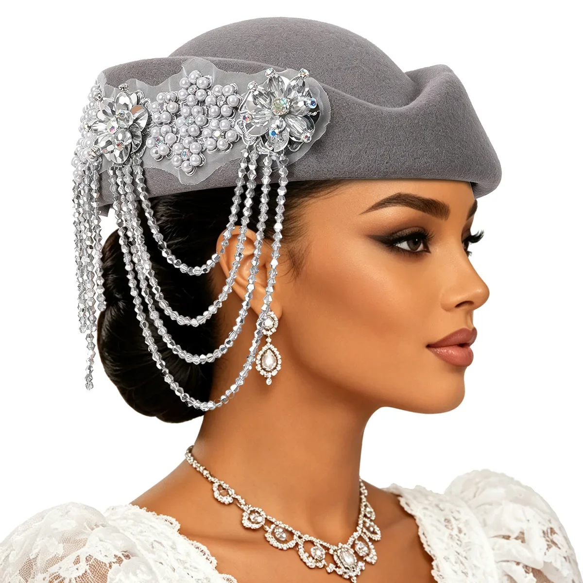 Vintage British Style Felt Turban Hat for Women Floral Church Derby Headscarf & Soft Beret Headpiece