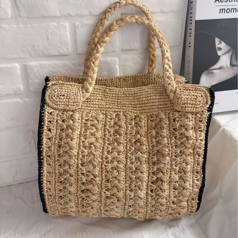 

Vintage Natural Lafite Grass Handmade Hook Grass Bag French Leisure Women's Seaside Vacation Beach Hollow Out Bucket Bags