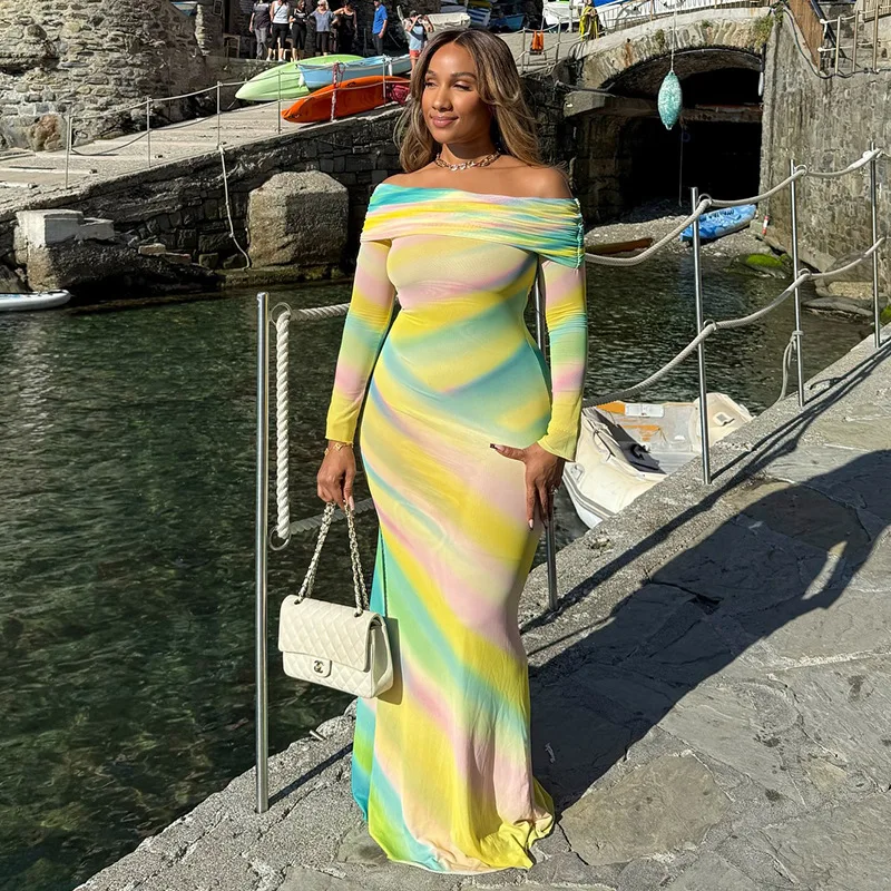 

STYLISH LADY Tie Dye Printed Maxi Party Dress 2025 Autumn Women Long Sleeve Off Shoulder Strapless Bodycon Sexy Club Party Dress