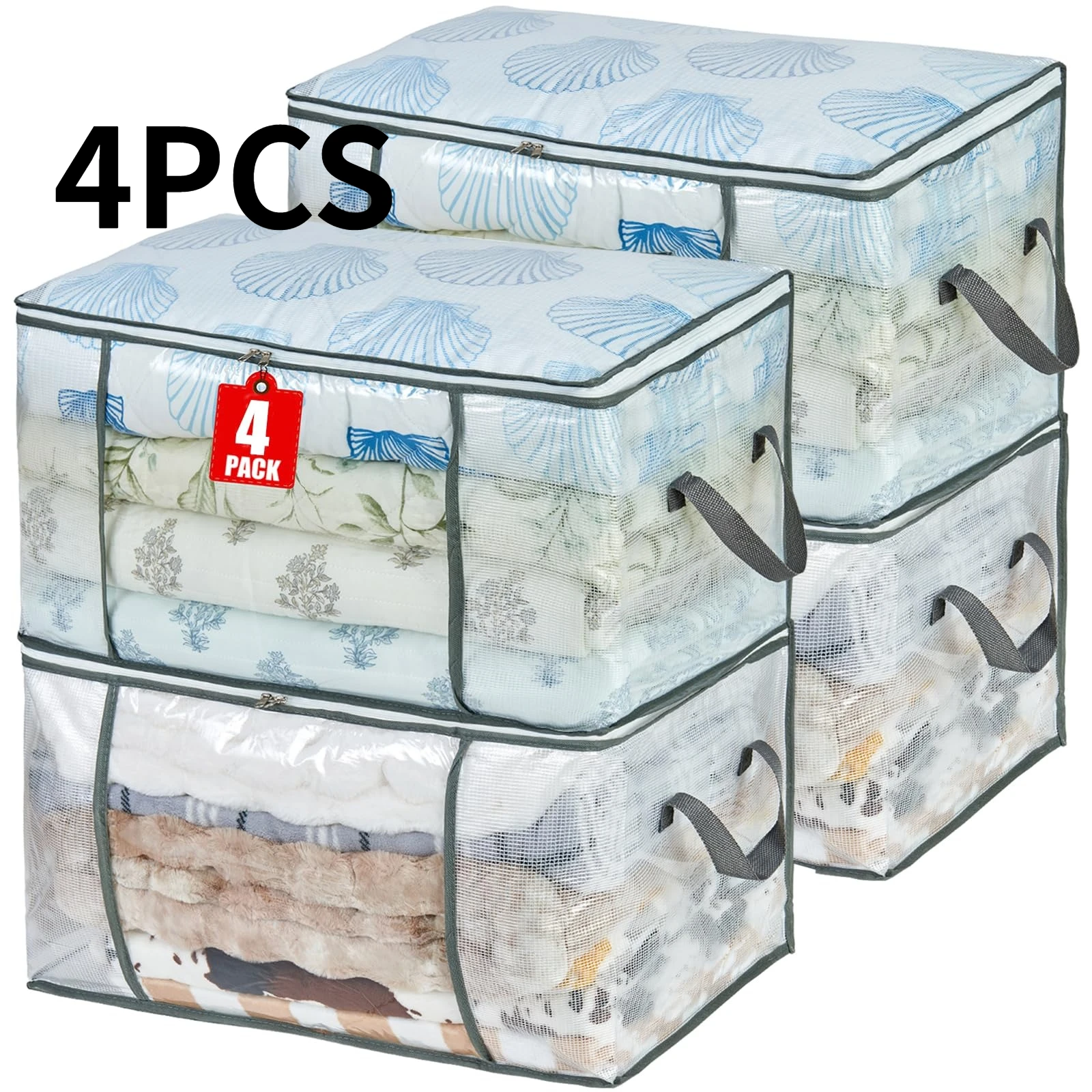 4 Large 21.13 Gallon Clear Storage Bags with Sturdy Handles & Zippers, Heavy Duty Foldable Fabric Storage Bins, Light Pink Floral & Solid Color Patterns, for Clothes Storage, Under Bed Organization