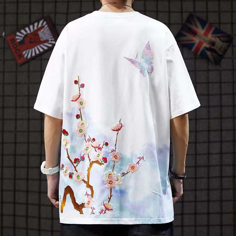 Chinese-style Butterfly Short-sleeved Embroidered T-shirt Men\'s New Plus-size Loose Casual Versatile Cotton Five-quarter Sleeve