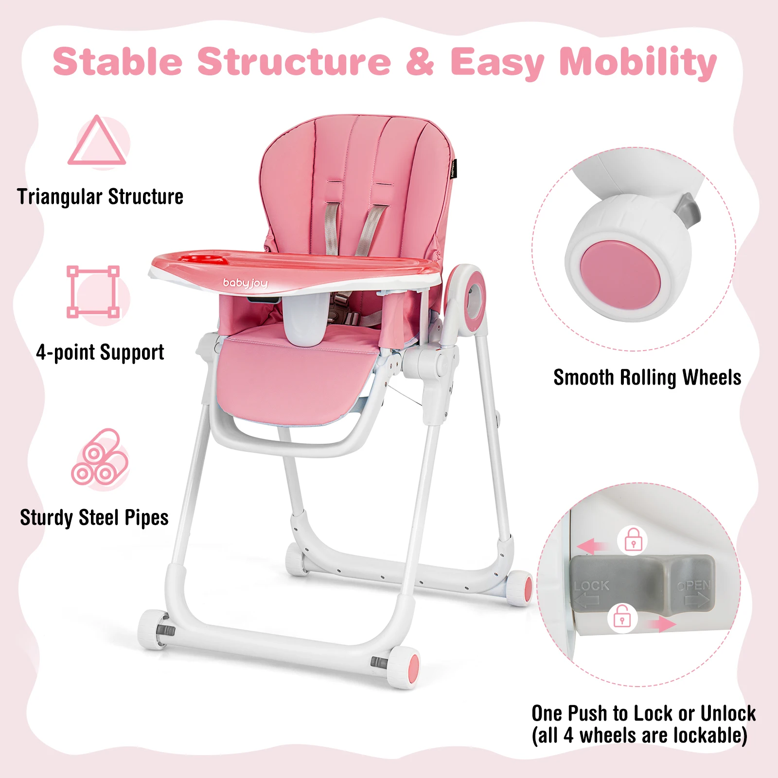 Babyjoy Baby High Chair Foldable Feeding Chair w/ 4 Lockable Wheels Pink