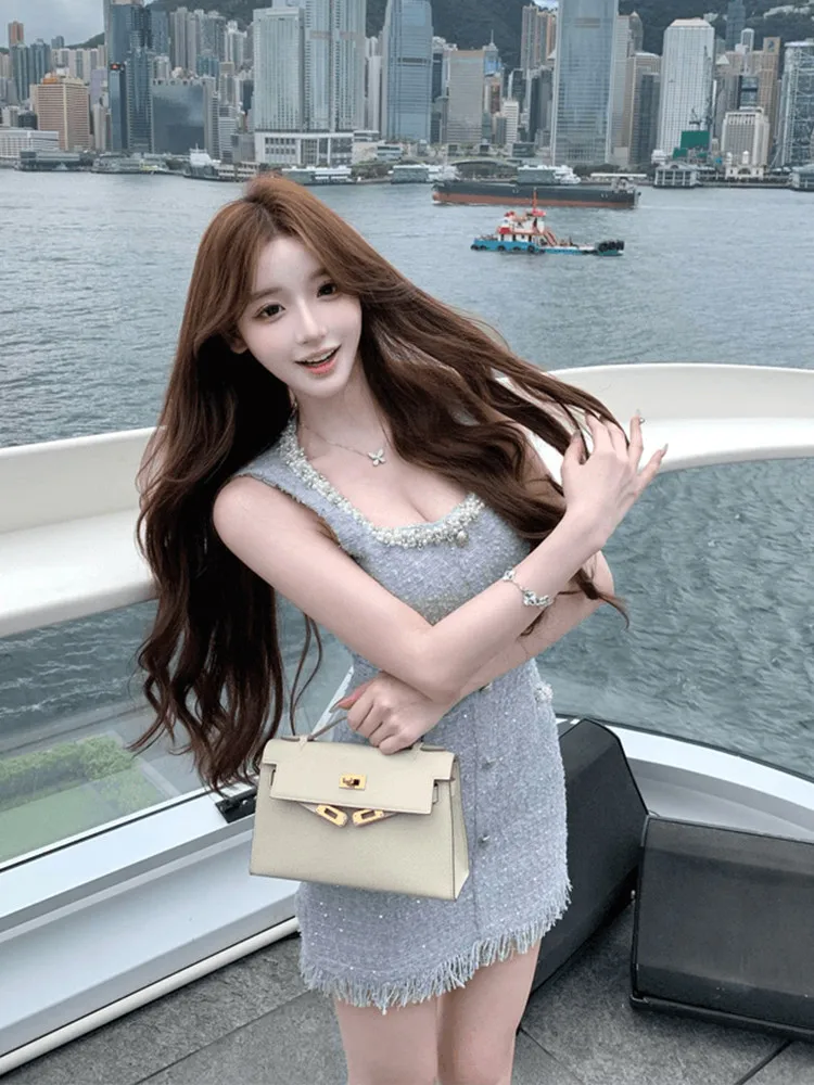 Sukienka mini na urodziny dla dziewczynki, luksusowe koraliki, celebrytka, nowa letnia sukienka bez rękawów z frędzlami, obcisła, krótka, ołówkowa, na ramiączkach.