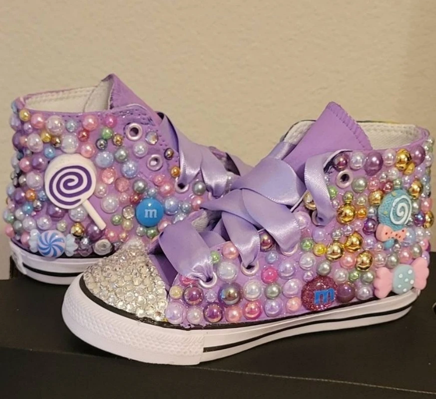 Chaussures Bling en Toile avec Nom et Photo pour Fille, Baskets Bling Faites à la Main avec Perles Arc-en-Ciel, Design Personnalisé pour ixd'Anniversaire