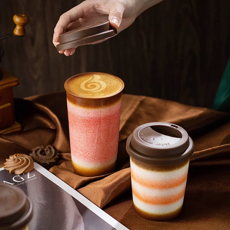 290ml/350ml Ceramic Coffee Mug Large Capacity Ombre Glaze Travel Cup with Silicone Lid for Home Office Portable Drinkware