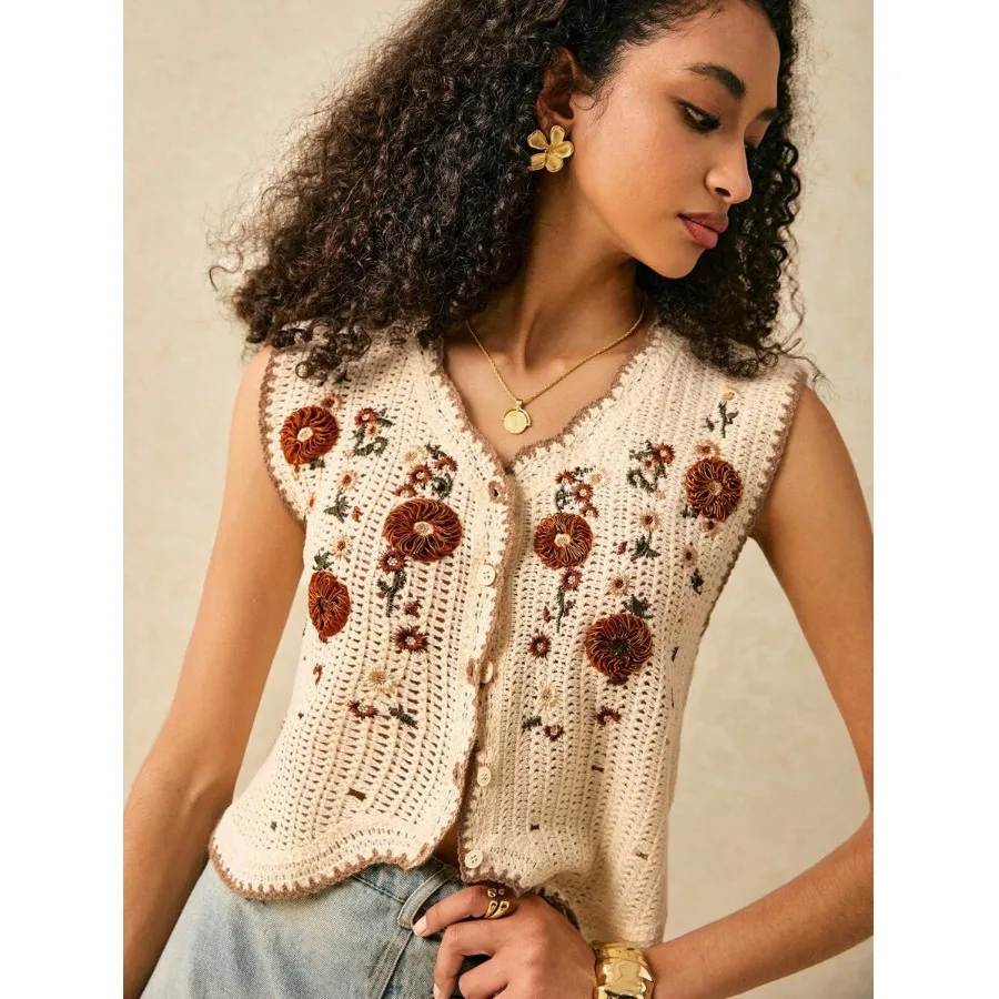 

2025 New Temu Sun Protection irt Hollow Weaving Flower V-ne ort Sve Women's Jaet Floral Pattern Polyester Blend