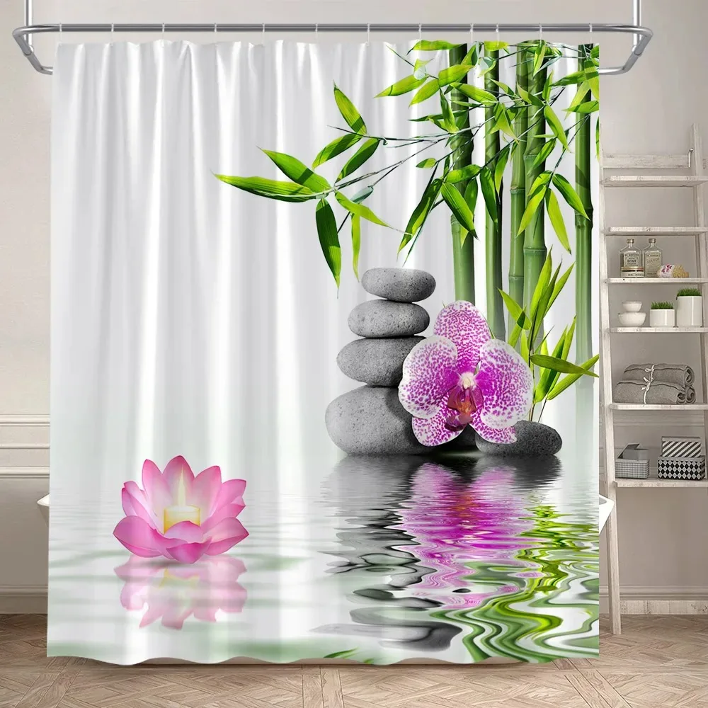 Zen Green Bamboo Shower Curtains Purple Orchid Butterfly Flowers Plants Black Stone Spa Nature Scenery Fabric Bathroom Decor Set