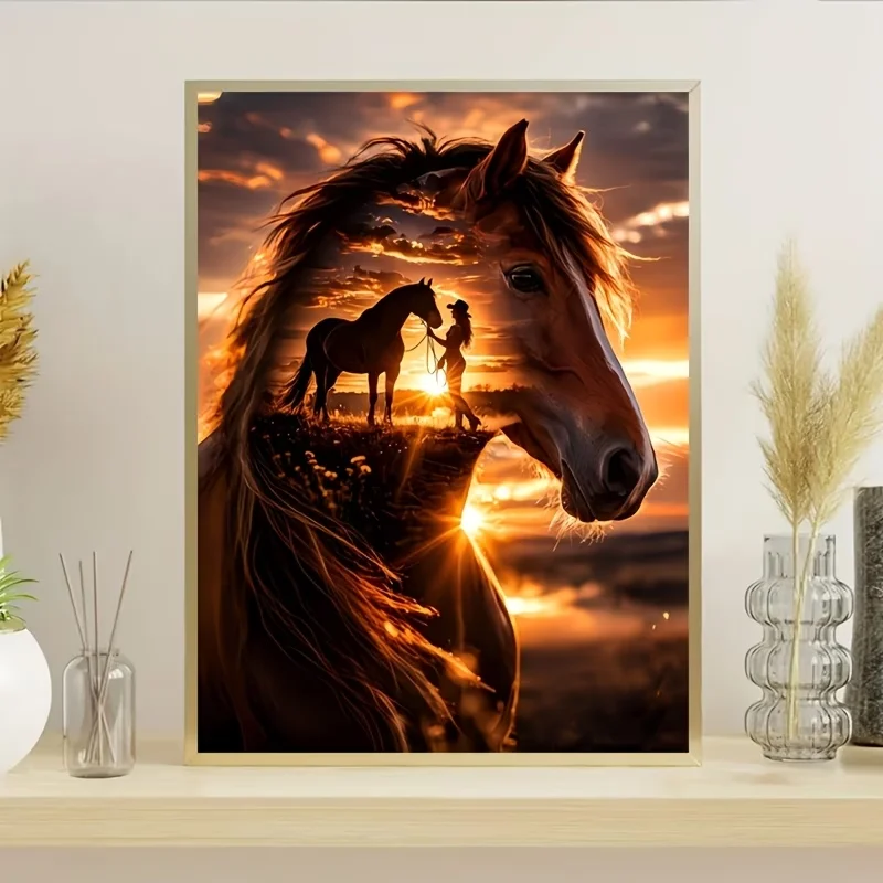 5D diamond painting set, double exposure design, with embedded sunset horse silhouette in the horse head outline