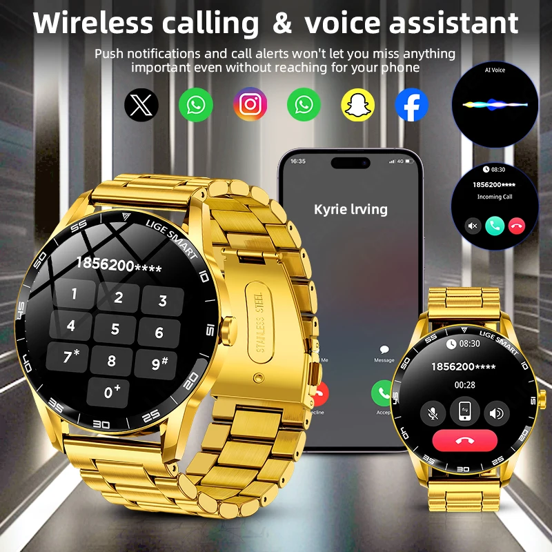 LIGE Smartwatch z funkcją połączeń Bluetooth, monitorowanie tętna i zdrowia, luksusowy zegarek sportowy dla mężczyzn, wodoodporny smartwatch + pudełko