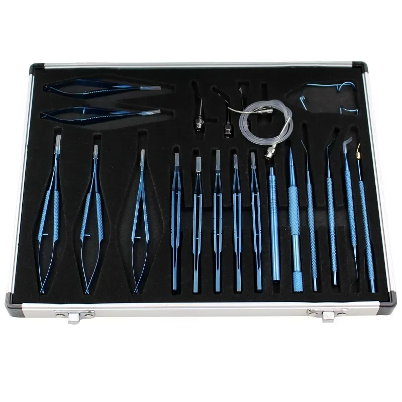 Juego de microinstrumento ocular de acero inoxidable o aleación de titanio, juego de 21 piezas, bolsita, pinzas para rasgar, tijeras, aguja