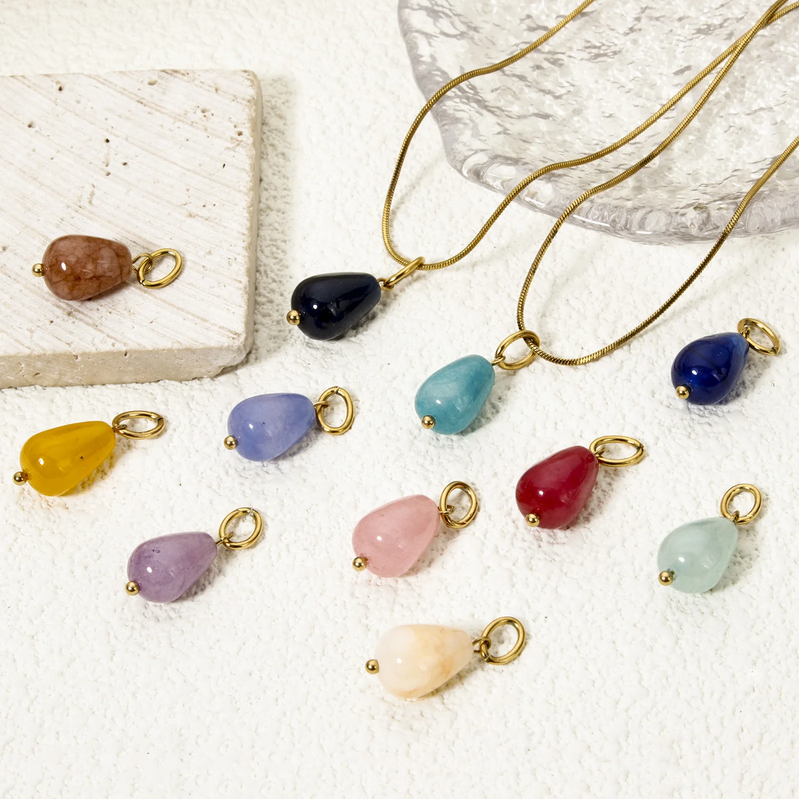 2pcs New Stainless Steel Charms Gold Color Gemstone Drop Shaped Pendants For Women DIY Necklace Jewelry Making Findings 22cmx8cm
