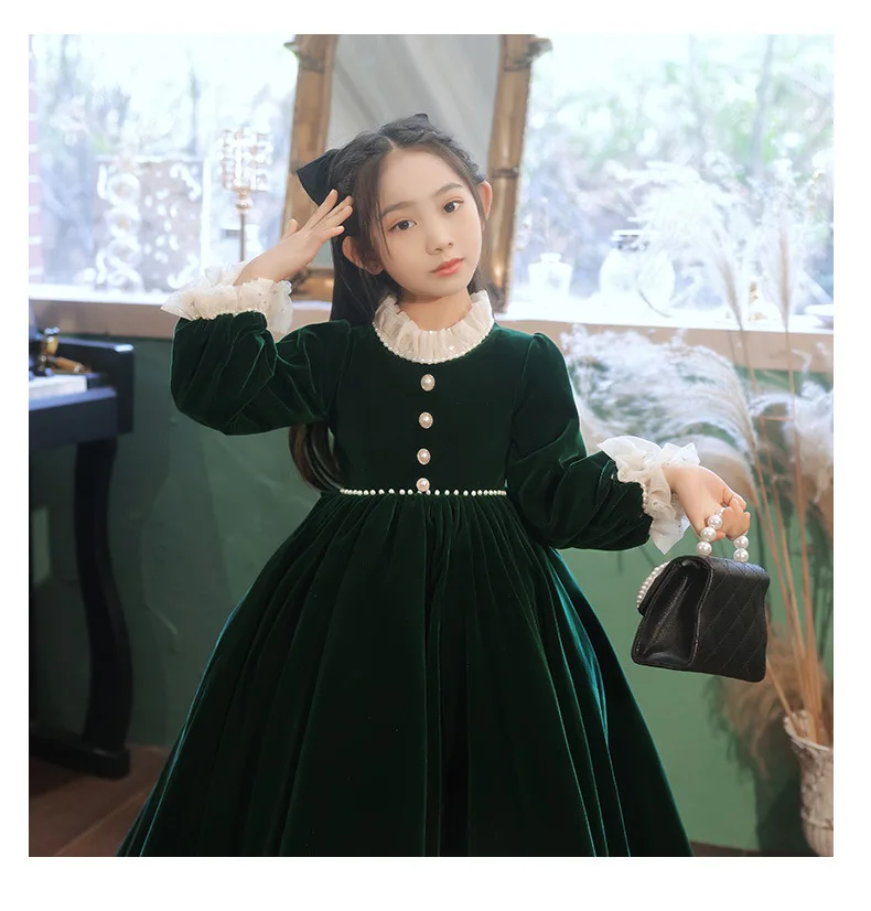 Longue robe de bal princesse en velours vert pour enfant, robes à fleurs pour filles, vêtements de fête de mariage, de remise de diplôme, de noël et de pâques pour enfants