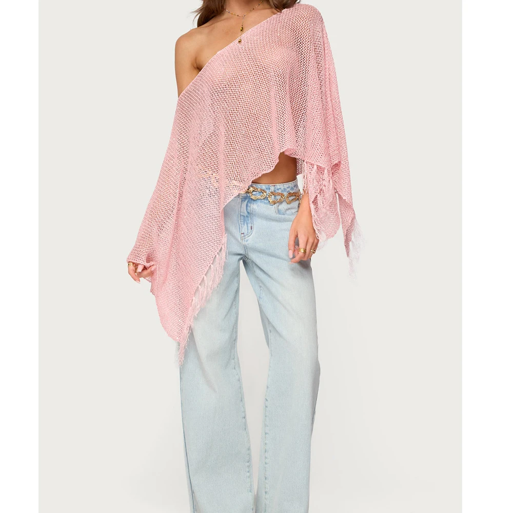

Women Vintage Sequin Knit Poncho Fringe Hem Off Shoulder See-through Crochet Cape Sheer Shrug Lightweight Beach Cover Ups