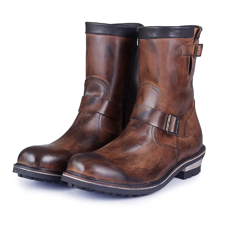 Retro Western Motorcycle Boots Men's Shoes Genuine Leather Thick Sole High Top Outdoor Desert Boots Male Work Engineer Boots