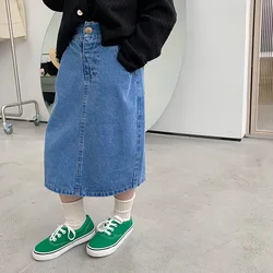 Mädchen all-match mittellanger Rock koreanischen Stil 2022 Frühling neue Tasche Kinder Kleidung Mode Denim Rock für Baby Mädchen