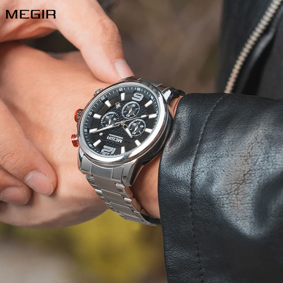 MEGIR Men's Quartz Wrist Watches Stainless Steel Band Chronograph Luminous Waterproof Wristwatch Military Watch Clock 2156