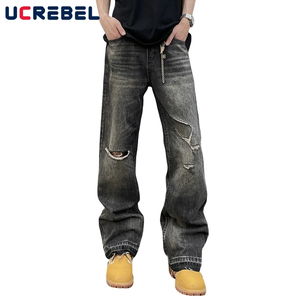 

Ripped Raw Edge Jeans Mens Pocket High Street Washed Distressed Straight Denim Flare Pants Men