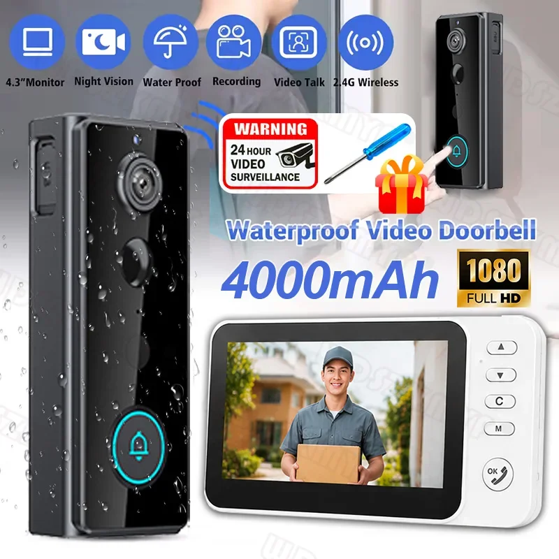 1080P Wireless Doorbell Camera 4.3'' Screen 170° Wide Angle IP65 Waterproof PIR sensor Home Security Door Bell for Home Office