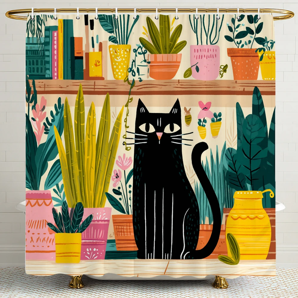 

Cartoon Black Cat Shower Curtain, Floral Plants Bathroom Decorative Shower Curtain, Waterproof Shower Curtain with Hooks