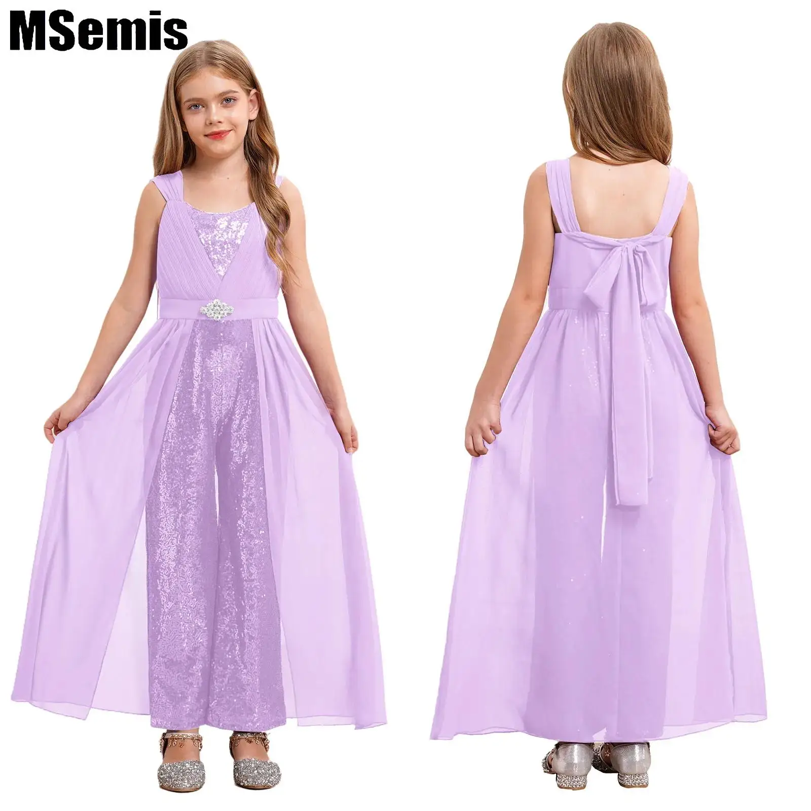 

Kids Girls Chiffon Jumpsuit Sparkly Sequin Ruffled High Waist Wide Leg Backless Jumpsuit for Banquet Pageant Graduation Prom