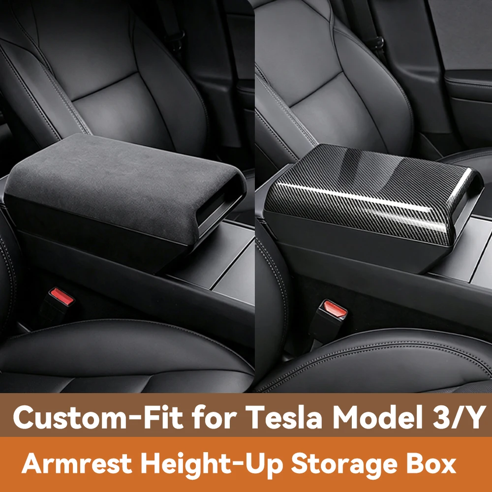 For Tesla Model Y Juniper 2019-2026 Center Armrest Booster Pad Suede Leather Magnetic Storage Box Model 3 Higher Armrests Box