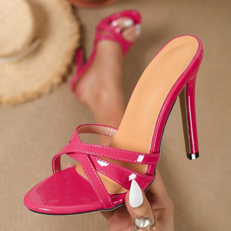 

Aneikeh Sexy Rose Red Lacquer Leather Fine Heel Sandals Women's Fashion Round Head Cross Strap High Heel Sandals Stripper Shoes