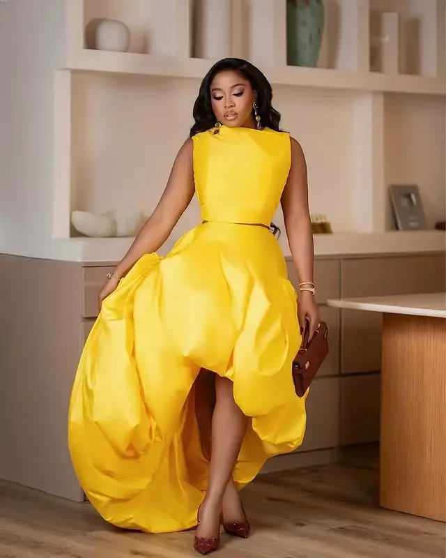 Newest Fashionable Yellow Bubble High Low Satin Formal Party Dresses Modest African Women Maxi Dress Long Maxi Gowns