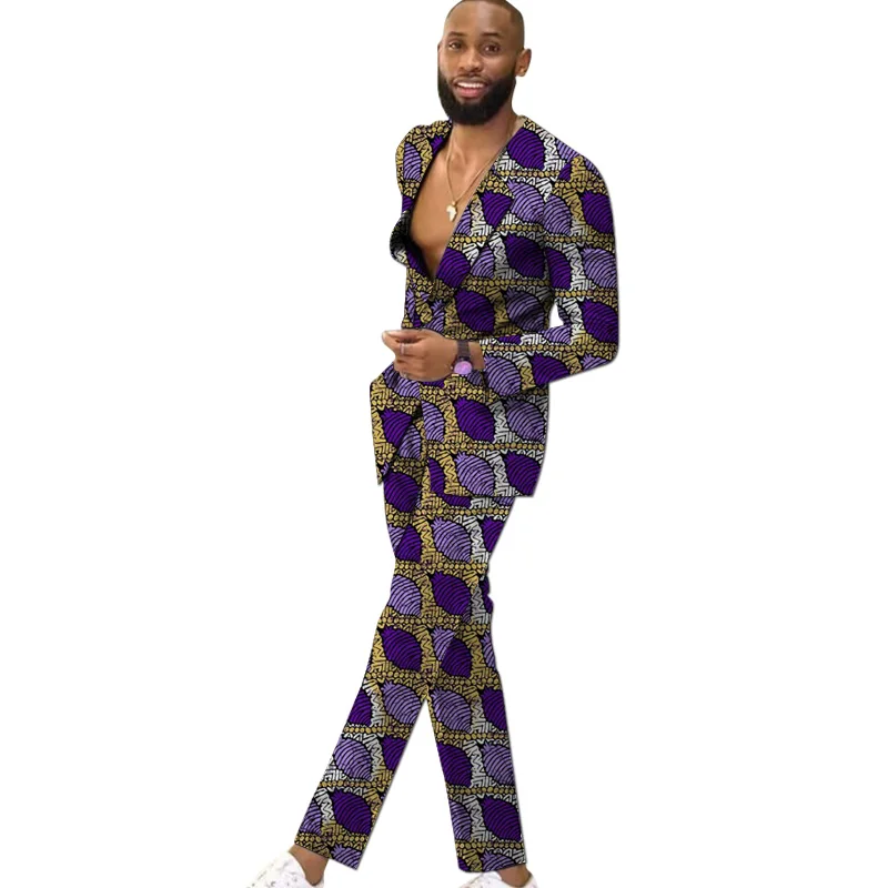 Trendy Collarless Design Suit Jacket Men\'s Blazers+Trousers Colorful Print Festive Clothes African Wedding Male Outfits