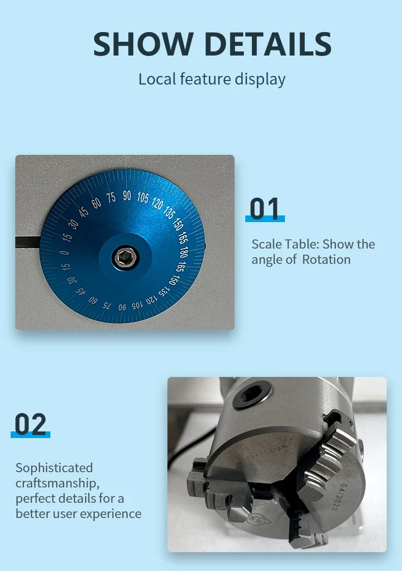 Fiber Laser Marking Machine Parts Rotary With Driver Worktable Diameter 80mm Rotary Fixture Gripper Three Chuck Rotary Axe