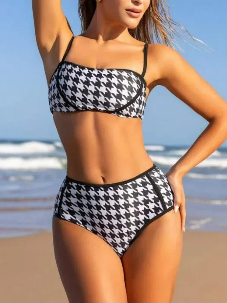 

2025 Strap Checkered Bikini Set Women's Sexy High Waist Two-Piece Swimwear Black & White Print Tight Swimsuit Sexy Bathing Suit