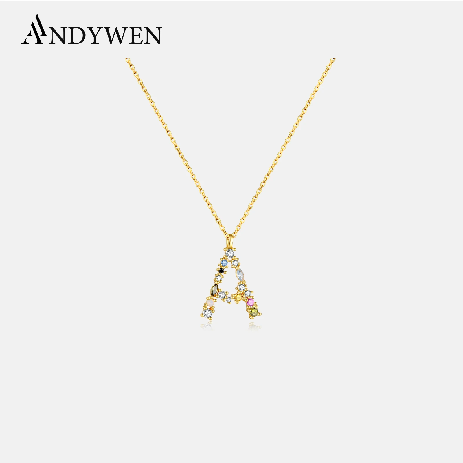 ANDYWEN 925 Sterling Silver I Am Initial C P Pendant Necklace Colorful Crystal Mini Sample Long Chain Adjustab Necklace Jewelry