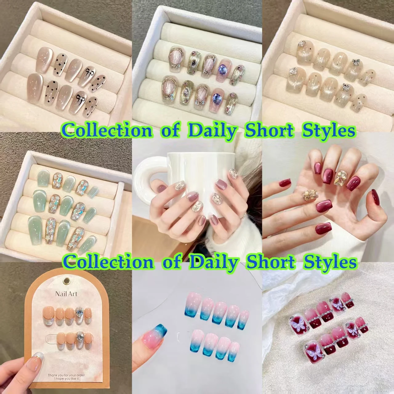 

10PCS Short Nail Art Set Handmade Press On Nails Daily Wear Detachable False Nails with 4-PIECE Tool Adhesive Nail Glue Tabs