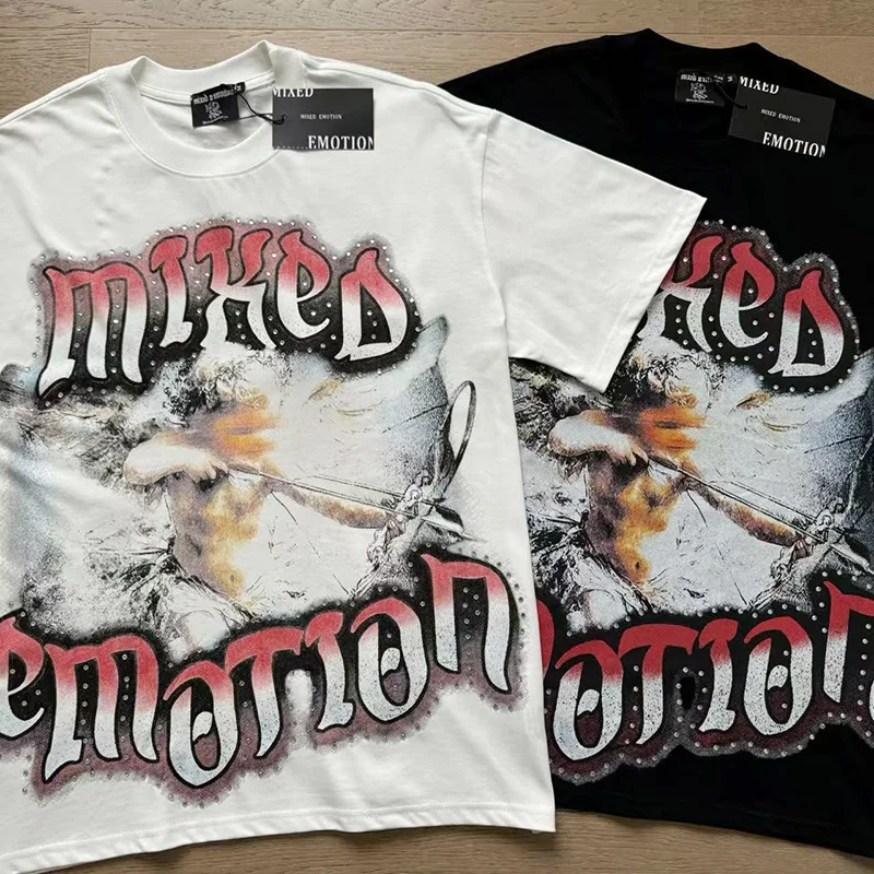 Mixed Emotion American Trendy Brand Angel Print Rhinestone INS Rock Hip Hop Loose Fit Pure Cotton Short Sleeve T-Shirt