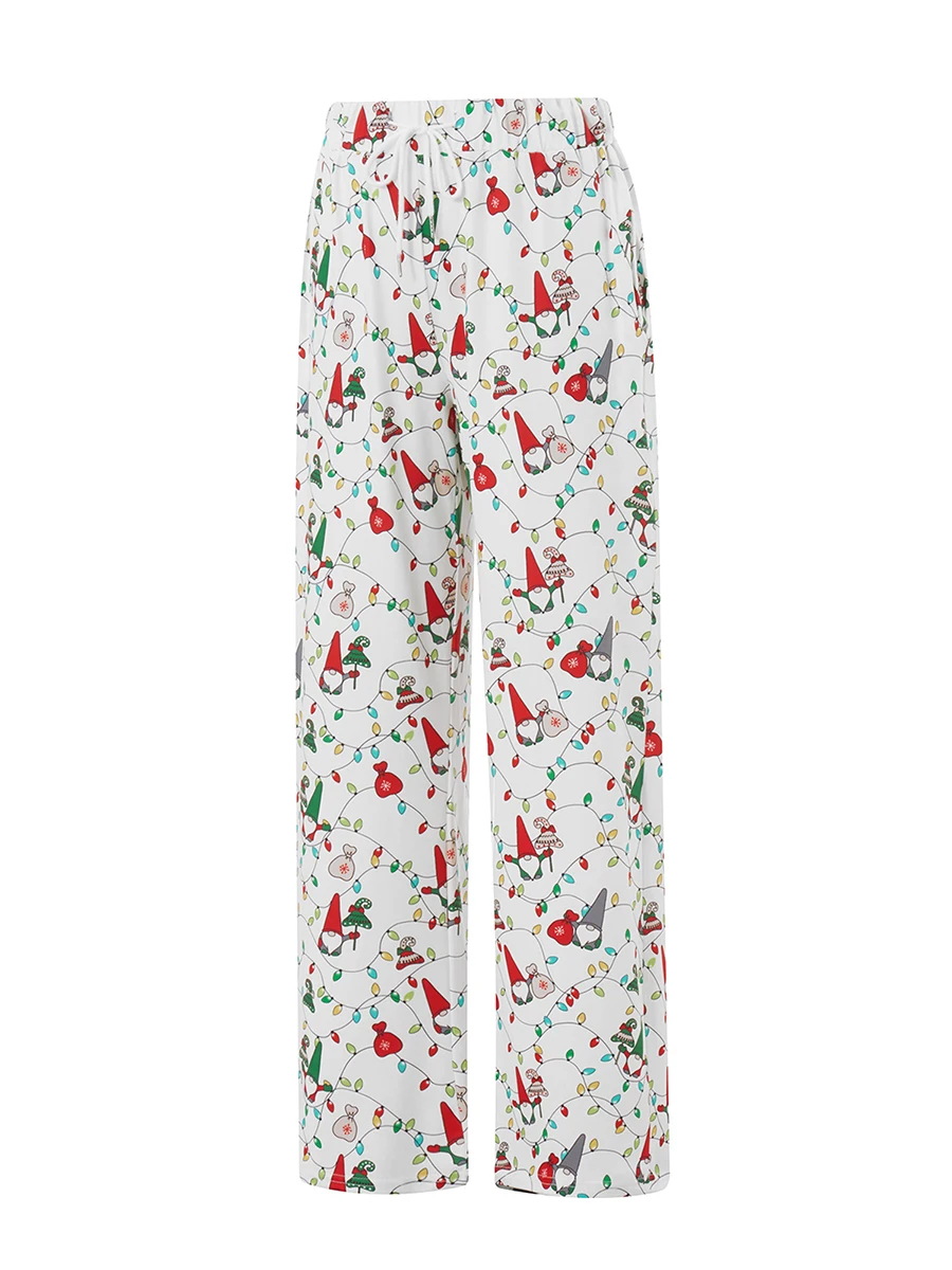 Pantalones de salón de Navidad para mujer, ropa de dormir de pierna ancha, holgada, informal, cómoda, con estampado de copo de nieve, Papá Noel y Gnomo