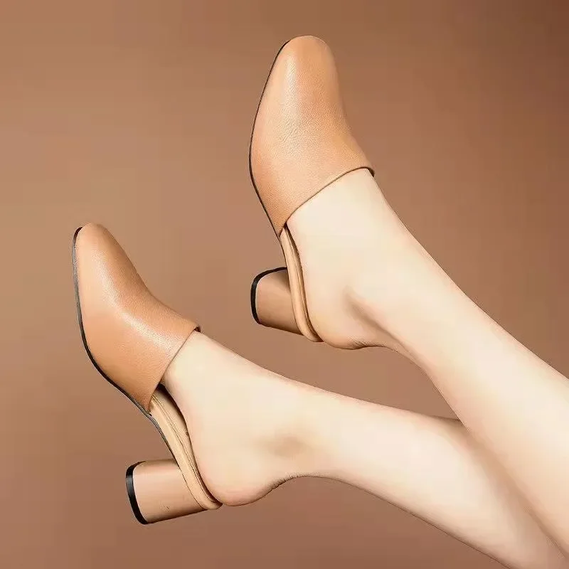 2024 New European Station Thick Heel Slippers Women Summer Square Headed Baotou Middle Heel Leather Shoes Elegance Plus Size 40