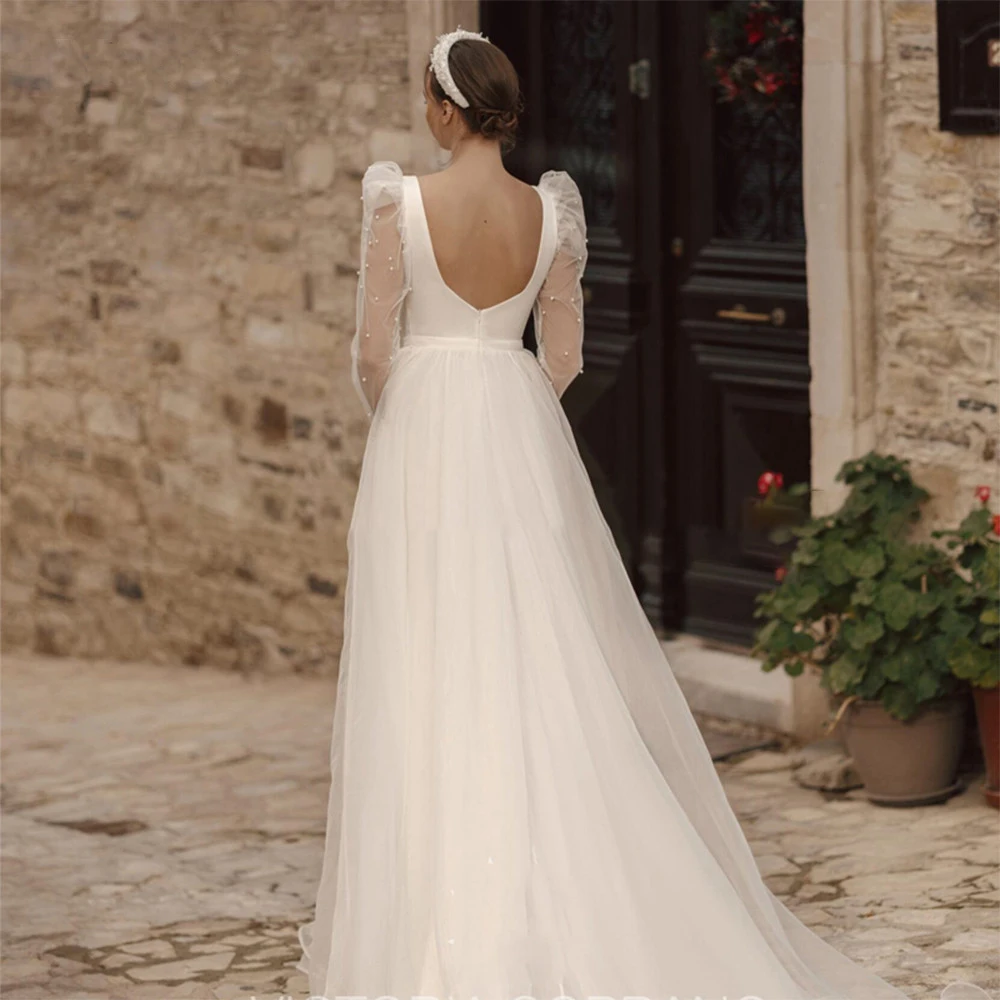 Princess Wedding Dress Square Collar Long Puff Sleeve With Pearls Backless A Line Slit Tulle Bride Dress Customiz