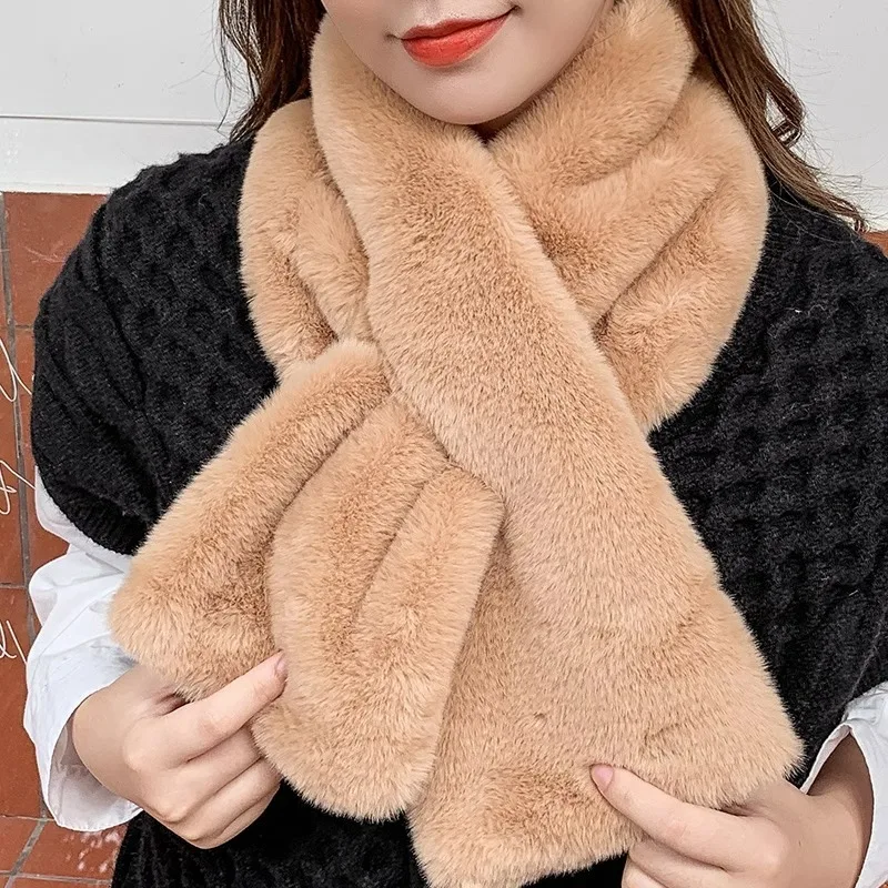 Women Winter Warm Thicken Scarfs Solid Color Faux Rabbit Fur Plush Cross Collar Scarf Shawl Elegant Warm Soft Comfortable Scarf