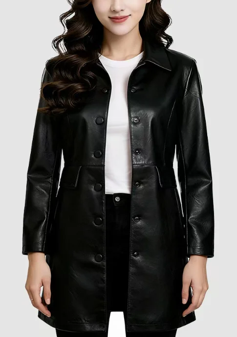 Women's Pu Leather Coat, Mid-Length, Slim Fit, Versatile Top, Jacket with Lapel Collar, Long Sleeves, Autumn and Winter Style