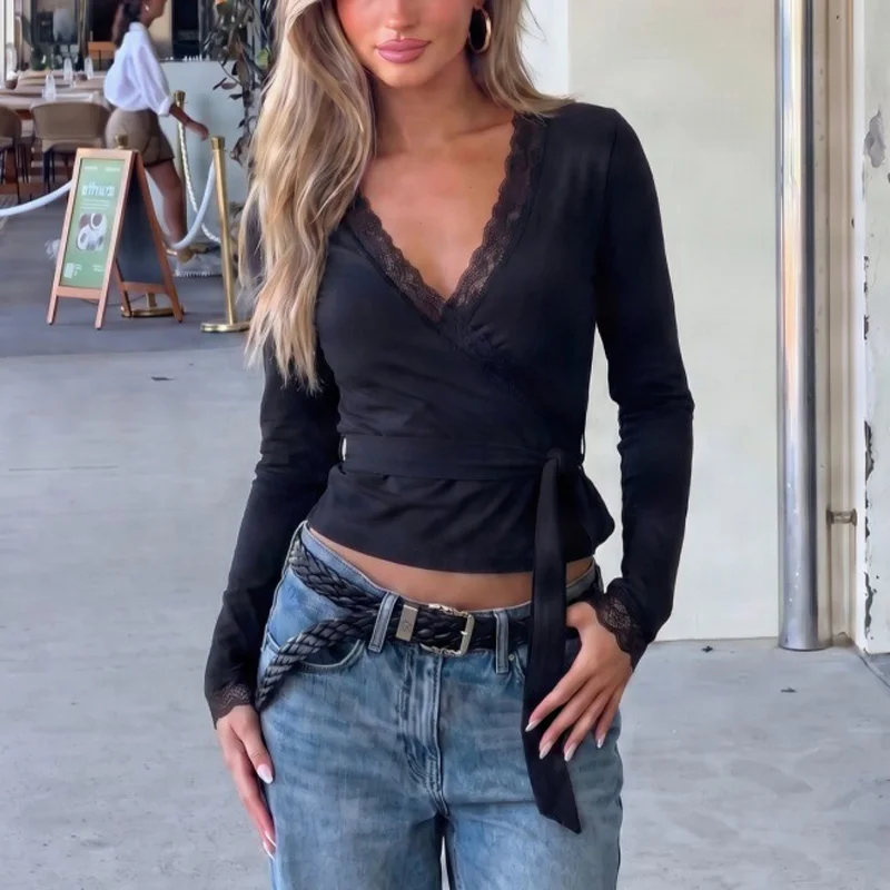 V Neck Lace Trim Wrap Top Long Sleeve Cropped Self Tie Belt Lace Cuff Casual Daily Soft Knit Fitted Solid Color Women Top