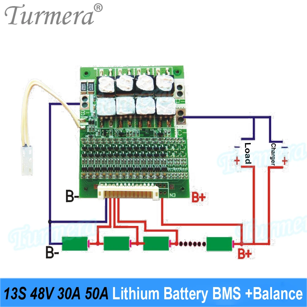 Turmera 48V E-Bike Battery Box Case 13S 30A 50A Balance BMS with 13S8P 18650 Holder DC XT60 Plug Welding Nickel for Diy Pack Use